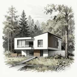 intricate Illustration of Architectural pencil drawing of modern house in the forest, muted color