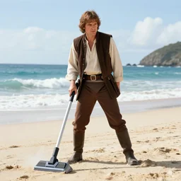 Anakin Skywalker!!!, vacuuming on a beach, still from star wars,