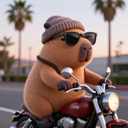 a photorealistic photograph of a knitted cute Capybara wearing sunglasses and dressed in a beanie cap. The subject is riding on a motorcycle in Hollywood at dusk. Palm trees in the background. This 4K HD image is Trending on Artstation, featured on Behance, well-rendered, extra crisp, features intricate detail and the style of Unreal Engine.