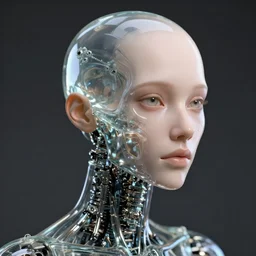 bald female android, glass skull, ex machina