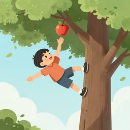 streatchy dude trying to reach an apple on a very high tree, digital art, 8K