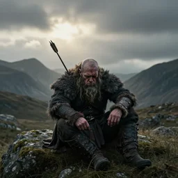 lonely ork warrior struck by an arrow in the shoulder, bleeding, tired, desolated mountains in the distance, cloudy and atmospheric with a touch of sunlight coming through, realistic, tolkien world