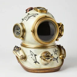 vintage diving helmet with sharks, blackwork