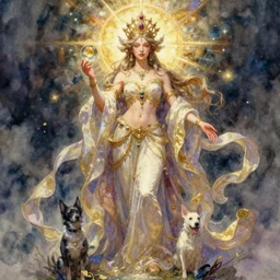 full body portrait, long shot, of Goddess of good fortune, wealth, and mischief. Often depicted as a small, celestial woman. Resides in Arcadium, by pete Mohrbacher and Greg Rutkowski, watercolor painting, deviantart, pinterest