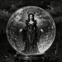 By Tom Bagshaw, ultra realist soft painting of curiosities festival by night, very beautiful demoness in long gothic dress glass sphere, symmetry accurate features, very intricate details, omnious sky, black and white, volumetric light clouds