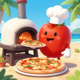 a tomato character as a pizza chef serving pizza from a wood fired pizza oven on a tropical beach, sunset, ultra realistic refractions, extremely detailed 3 d render, octane render, octane, ray tracing, evening sky, 4 k, pixar