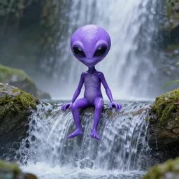 purple alien at the top of a waterfall