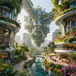 biophilic futuristic cyberpunk suspended city gardens architectural landscape, fluidity, colorful flowers, beautiful morning light, canal bridge paths pedestrian cafes, interior, water, metallic, grass, trees, modular buildings, vincent callebaut composition, high detailed, ultra sharp, 3 d, 8 k, unreal engine, hdr