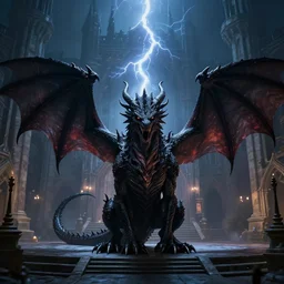 super realistic digital illustration of a black dragon on a medieval palace courtyard at night, menacing, scary, powerful, high quality, epic, dnd, fantasy art, artstation, dramatic lightning, symmetrical