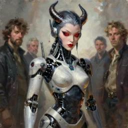 attractive demon queen with red eyes as an i robot, painting by gaston bussiere, craig mullins, luis rollo, digital painting, highly detailed, artstation, sharp focus, illustration, concept art, hd