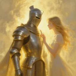 knight and apparition, golden, ethereal back light, volumetric light, close up, coherent composition, fantasy painting by artgerm, wlop, daarken