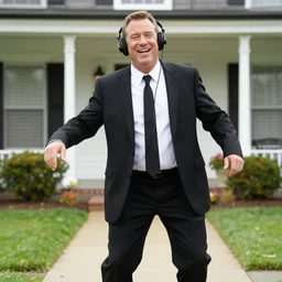 clean - shaven 2 0 1 2 jon favreau as happy hogan wearing a black suit and black necktie wearing headphones dancing in front of house