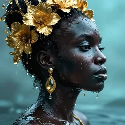 hyperrealistic post - futurist cinematic profile very expressive! black oshun goddess, in water! up to shoulders, mirror dripping droplet!, gold flowers, highly detailed face, digital art masterpiece, smooth eric zener cam de leon, dramatic pearlescent turquoise light on one side, low angle uhd 8 k, shallow depth of field