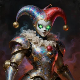a baroque neoclassicist close - up renaissance portrait of an iridescent whimsical 1 8 0 0 s gundam mecha jester, glowing eyes. reflective detailed textures. glowing colorful fog, dark background. highly detailed fantasy science fiction painting by moebius, norman rockwell, frank frazetta, and syd mead. rich colors, high contrast. artstation