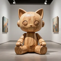 8k photorealistic detailed unreal engine ,a wooden sculpture art toys on feet very cute robot with cat ears ,zen méditation symetrical, a contemporary art gallery art