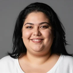 overweight german-italian woman with black hair, lovely smile, photo, protrait