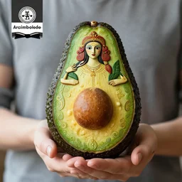 a person holding an avocado in their hand, closeup, a surrealist sculpture by arcimboldo, behance contest winner, folk art, intricate, ornate, art
