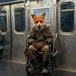 movie poster of old homeless fox invalide in cape, half terminator, sitting in cyberpunk subway car, image from new scifi from ilm and weta digital, painted by thomas eakins