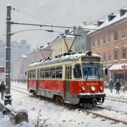 highly detailed painting of dieselpunk stockholm, winter, snow, tram on rail tracks, wires, dystopia, by greg rutkowski, by raphael lacoste, 4 k resolution, trending on artstation