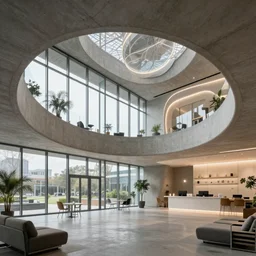 dreaming interior architecture for google office, dynamic lighting, glass windows, dreamy, relaxing environment, hyperrealistic, intricate details, 8 k, lighting on concrete