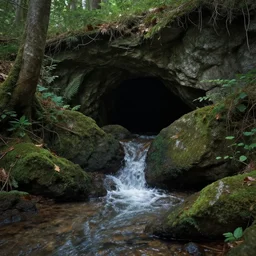 small water stream flowing out of a dark cave entrance in the middle of a forest, fantasy, highly detailed, art by greg rutkowski