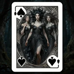 playing card of the three fates, dark and ethereal, wild hairs, expressive poses, dark  dress, fantasy, intricate, dark forest background, highly detailed, digital painting, artstation, concept art, smooth, sharp focus, illustration, art by artgerm and greg rutkowski and alphonse mucha