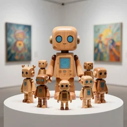 8 k photorealistic, a wooden art toys on a pedestal, cute robot wooden, cyberpunk, concept art, contemporary art gallery, art by dean roger