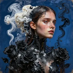 3 d, white and black smoke, sun rays, worried fashion model, sweat skin, liquid black metal, black roses, poster art, high detail, intricate oil painting, multiple exposure, deep blue mood, hyperrealism, 3 d, by tooth wu and wlop and beeple and greg rutkowski