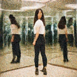 a girl standing in a room of mirrors looking back slightly, full view