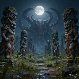 a photograph of an overgrown archeological site with statues of mythical demons, scary creatures, cosmic horror, sharp focus, cinematic, moonlight, detailed, 4 k, octane render, deviantart, by lee madgwick