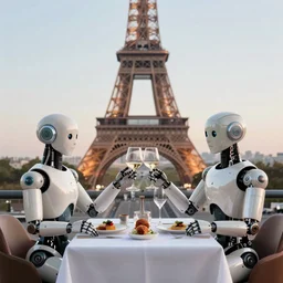 A robot couple fine dining with Eiffel Tower in the background