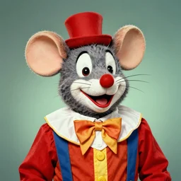 Chuck E. Cheese mascot grainy 1940’s circus portrait of an anthropomorphic rat animatronic dressed like a clown, professional portrait HD, mouse, Chuck E. Cheese head, authentic, mouse, costume weird