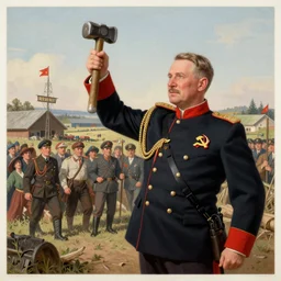soviet propaganda of robert mueller holding a hammer and sickle in realistic collective farm, by j. c. leyendecker, bosch, and beksinski