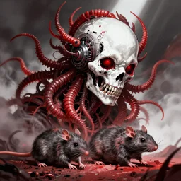 pixiv, gruesome, sci - fi, polychaeta, undead cyborg head, doom, rat, reptile, red, white