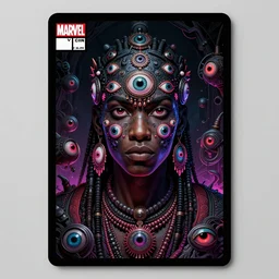 an african!! all seeing neon shaman covered with eyes!!, dim light, front game card, marvel comics, dark, intricate, highly detailed, smooth, artstation, digital illustration by ruan jia and mandy jurgens and artgerm and wayne barlowe and greg rutkowski and zdislaw beksinski, and h. r. giger and adi granov