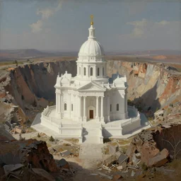 the temple of truth is white and beautiful, but sits in a crater of ruin and desolation. painting by albert bierstadt. intricate detail. matte painting