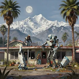 broken robot | abandoned motel | palm trees | snowy mountains | moon in sky, painting by syd mead and weta studio and greg rutkowski and james jean and frank frazetta, gta san - andreas game screenshot, highly detailed, rule of third, soft lighting, architectural magazine, insanely intricate details, artstation trending, hypermaximalistic, high details, cinematic