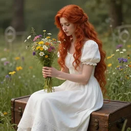 a beautiful red haired girl in white dress sitting on wooden trunk in a garden holding a bunch of wild flowers, deep focus, d & d, fantasy, intricate, elegant, highly detailed, digital painting, artstation, concept art, matte, sharp focus, 3 d, octane render, hearthstone, well rendered, art by artgerm, by greg rutkowski, by alphonse mucha