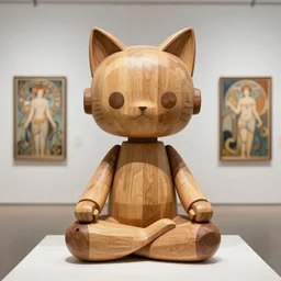8k photorealistic ,a wooden sculpture art toys on feet very cute robot zen méditation with cat ears , style minimalist brutalist ,a contemporary art gallery art  , sculpture by Alphonse Mucha