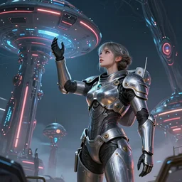 armored astronaut girl catched an human structure alien at ufo, ssci-fi, neon light and fantasy, intricate and very very beautiful and elegant, highly detailed, digital painting, artstation, concept art, smooth and sharp focus, illustration, art by tian zi and WLOP and alphonse mucha