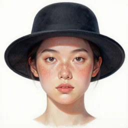 lady with hat, many freckles, hyper detailed, smooth face, 8 k, gouache, kitbash, white background