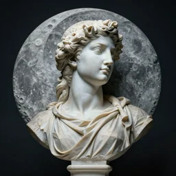 Alanis Morisette as a beautiful marble bust of the goddess of the moon, with ribbons in the style of Escher, by Michelangelo