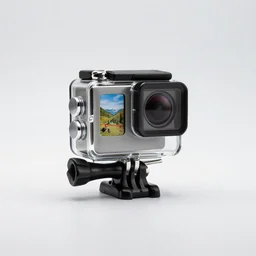 glass action camera, commercial catalog photo, isolated on a pure white background, centered, entire object in frame, sharp focus, soft studio lighting