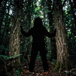 wide angle flash photo of a creepy anthropomorphic silhouette hiding behind trees in a magic forest