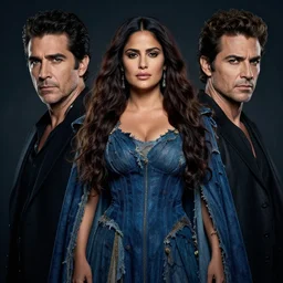 portrait, Salma Hayek , sorceress, dressed in tattered blue dress and cloak , face portrait, raphael lacoste, eddie mendoza, alex ross, concept art, matte painting, highly detailed, rule of thirds, dynamic lighting, cinematic, detailed, denoised, centred