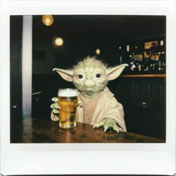 polaroid photo of yoda having a beer in a pub. photo by martin parr. flash photography