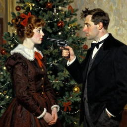 a drunken man pointing a revolver at his sister - in - law, christmas by norman rockwell
