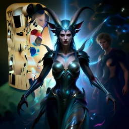 epic portrait of menacing and agitated yet stunningly beautiful biomechanical djinn overseeing the iridescent fabric of the universe, by charlie bowater, mandy jurgens, gustav klimt, octane render, dramatic camera angle, 4k, 8k, high detail, HDR, by tom bagshaw, powerful, with inspiration from Beksinski, inspired by greek goddess Athena
