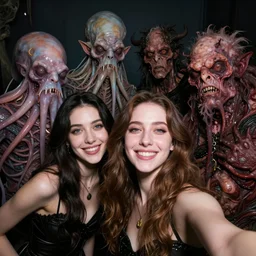 photo booth selfie, best friends who are horrific grotesque lovecraftian squid monsters and revolting hairy mutant demon people