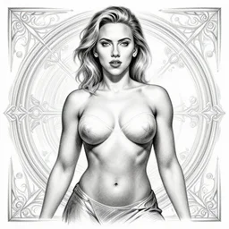 baki style, symmetrical, muscular scarlett johansson, desktop wallpaper, d & d, fantasy, intricate, pencil and ink, black and white, elegant, highly detailed, digital painting, futuristic city landscape, artstation, concep art, smooth, sharp focus, illustration, art by artgerm and greg rutkowski and alphonse mucha